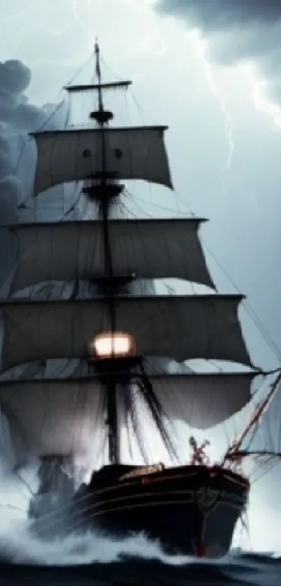 Majestic ship battling a storm with dramatic lightning in the dark ocean.
