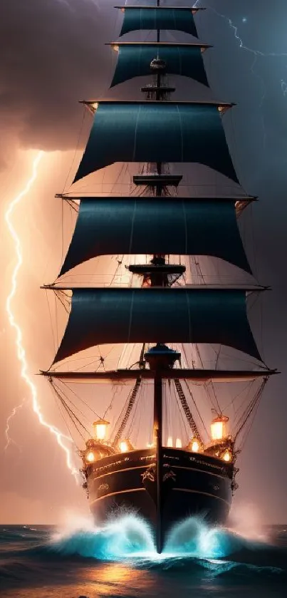 A ship sails through a storm with lightning and waves, creating a dramatic scene.