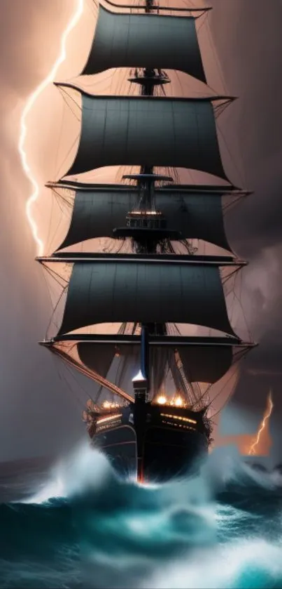 Nautical ship battling stormy seas in dramatic mobile wallpaper.