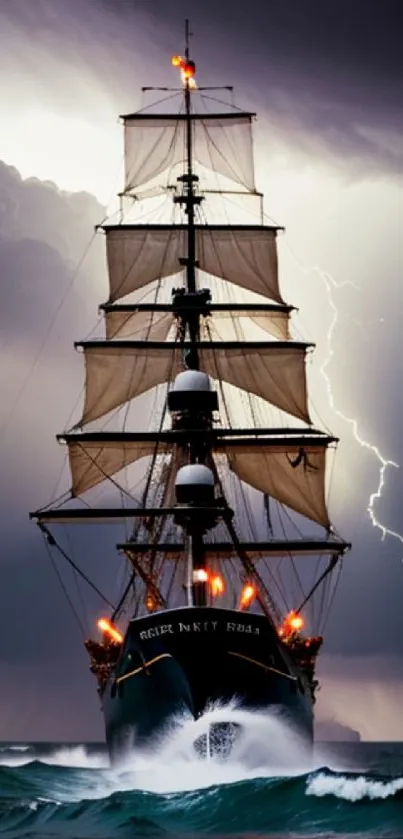 Dramatic ship sailing through a storm with lightning in the background.