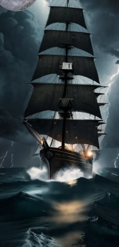 Majestic ship sails through stormy, lightning-lit ocean at night.