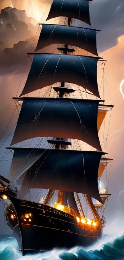 Tall ship braving a stormy sea with lightning and dark clouds.