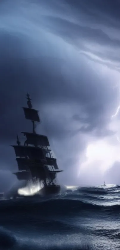 A dramatic ship sailing through a storm with lightning in the dark ocean scene.