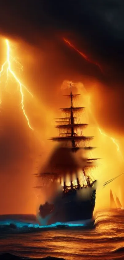 Majestic ship braves stormy seas with lightning in dramatic mobile wallpaper.