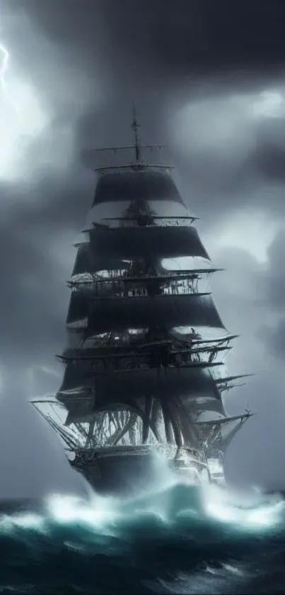 A ship sails through a storm on the ocean under a dramatic sky.