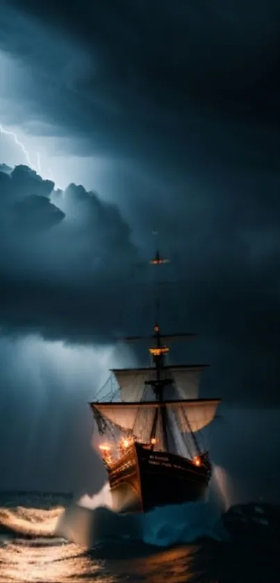 Majestic ship sails under lightning in a dark stormy sea.