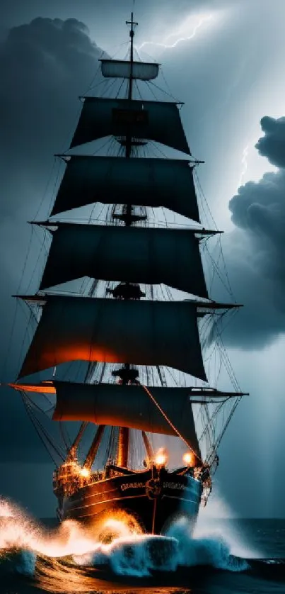 Ship navigating stormy seas with dramatic clouds and lightning.