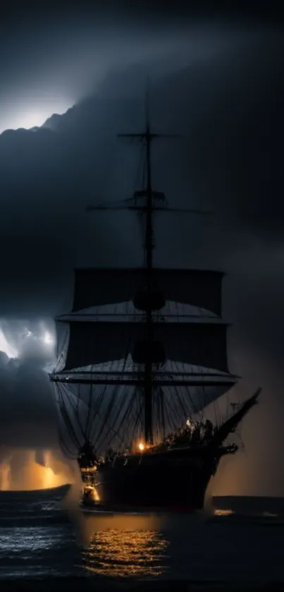 Dramatic silhouette of a ship under dark, stormy skies with glowing ocean reflection.