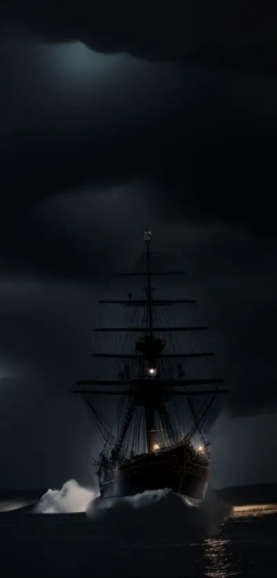 Majestic ship sailing under stormy, dark skies in a dramatic mobile wallpaper.