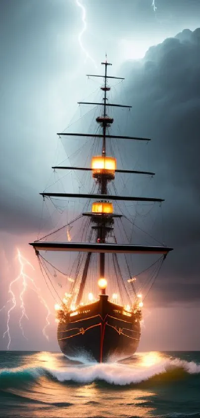 Majestic ship navigating through a stormy ocean with lightning in the background.