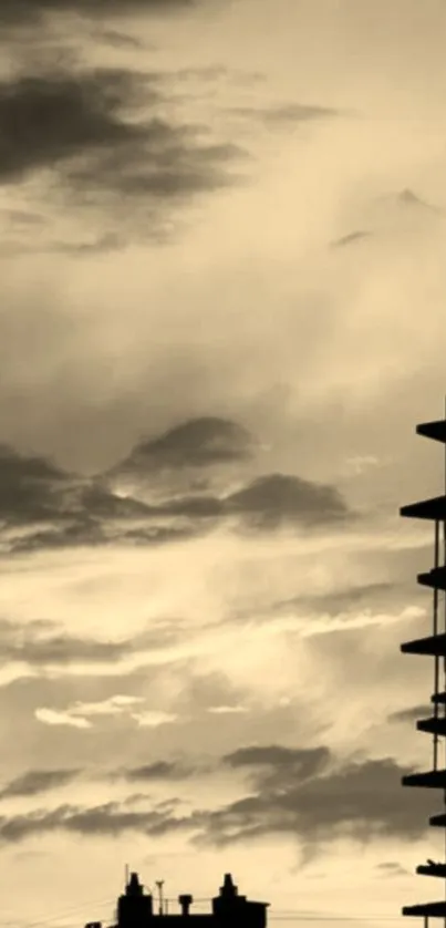 Skyscraper silhouette against a sepia sky.