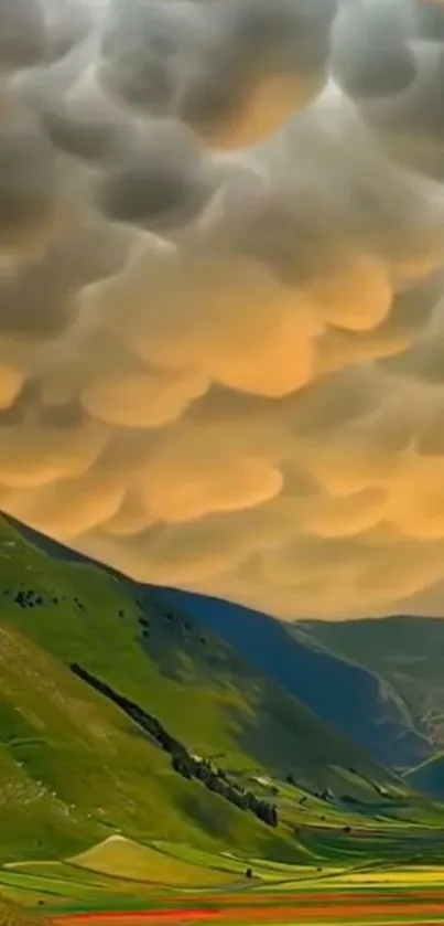 Dramatic clouds over a green valley landscape with vibrant fields.