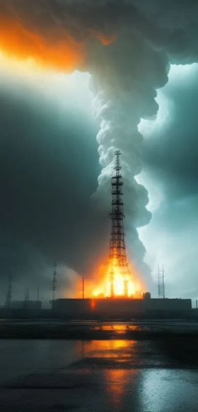 Dramatic sunset sky over power plant, showcasing vibrant orange and blue hues.