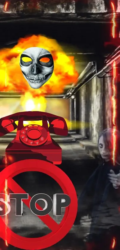 Wallpaper with skull, vintage phone, stop sign, and fiery colors.