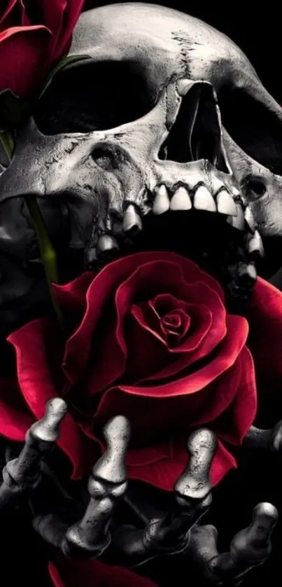 Skull and red roses with dark background mobile wallpaper.