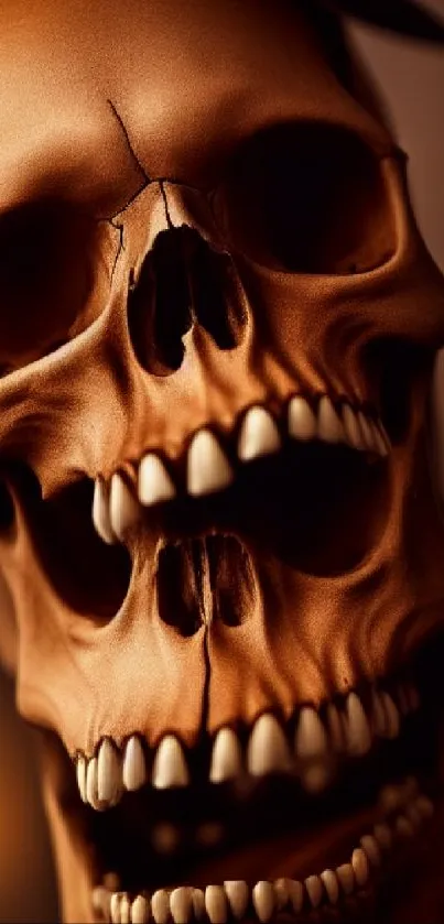 Realistic skull art wallpaper with rich brown hues.