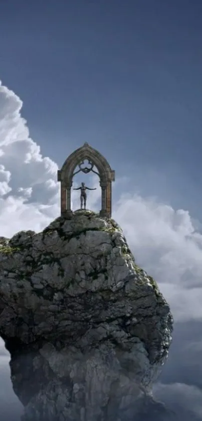 Mystical stone arch among clouds with a dramatic blue sky.