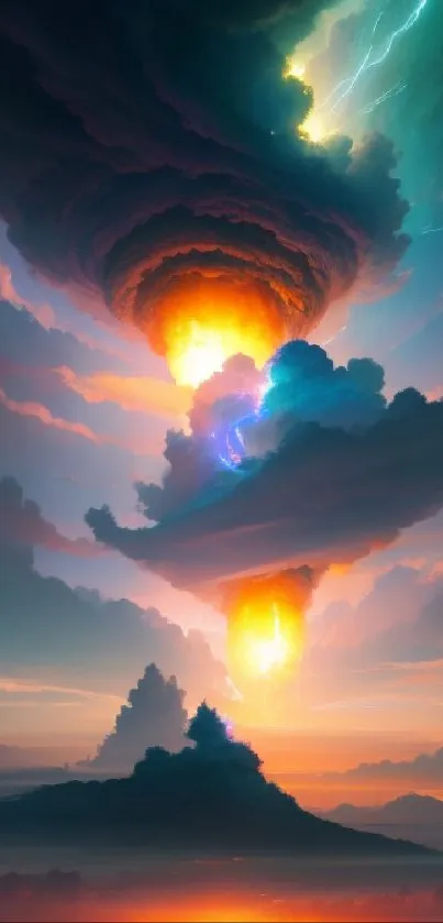 Dramatic sky with vibrant clouds and colorful horizon.