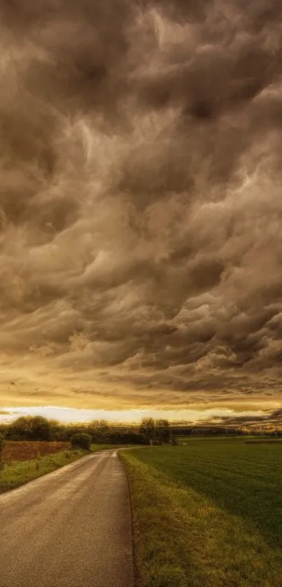 A dramatic sky with dark clouds over a country road and fields.