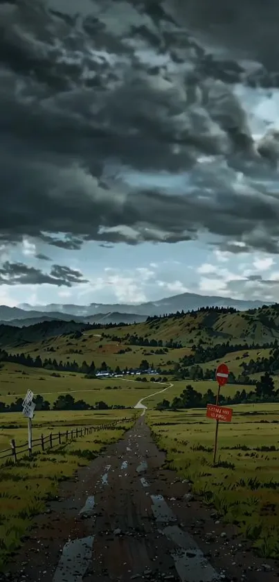 Countryside road under a dramatic cloudy sky.