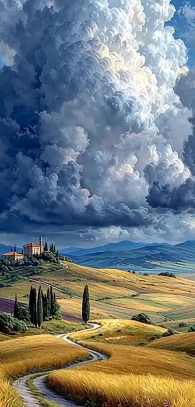 A dramatic sky over tranquil fields and a winding path.