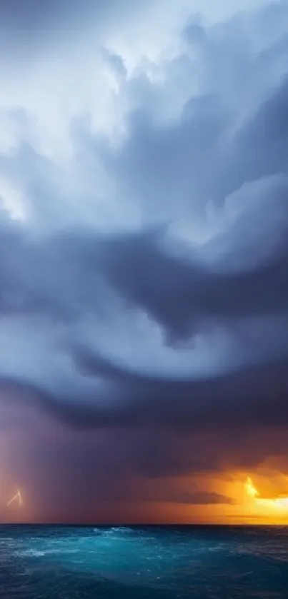 Dramatic sky with lightning over ocean at sunset.