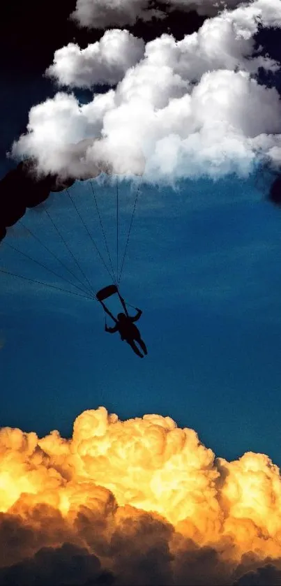 Silhouetted parachute against dramatic illuminated clouds during twilight.