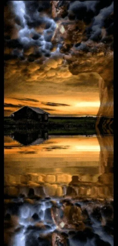 Artistic mobile wallpaper with dramatic sky reflection in golden water.