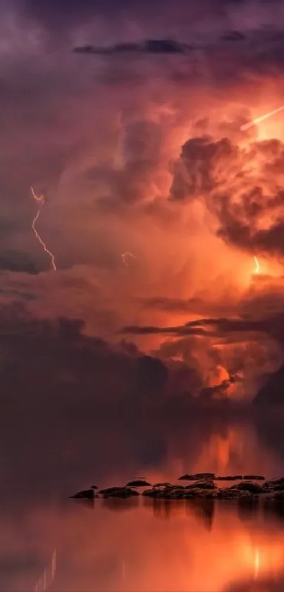Dramatic sky reflected on calm water at sunset, with vivid orange and purple hues.