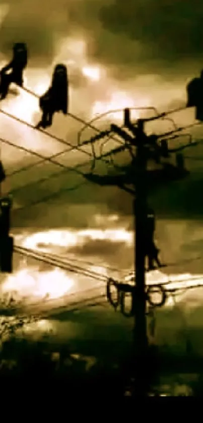 Silhouetted figures on power line against dramatic cloudy sky wallpaper.