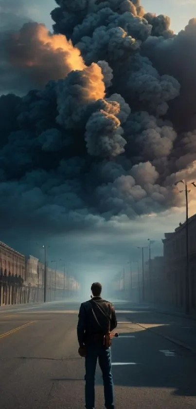 A person stands in a deserted street with massive clouds overhead.