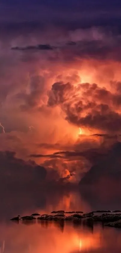 Dramatic sky with orange thunderstorm and reflections.