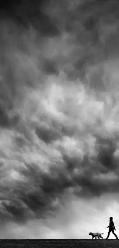 Silhouette of a person and dog under dramatic cloudy sky.