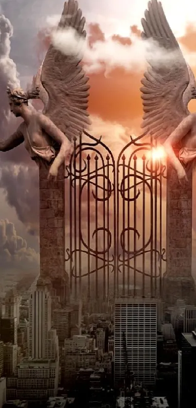 Fantasy city skyline with angel statues and fiery skies.