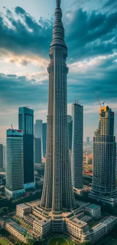 Tall skyscraper under dramatic cloudy sky in urban landscape.