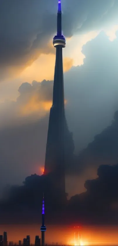 Tower against a dramatic skyline with vibrant blue and orange colors.