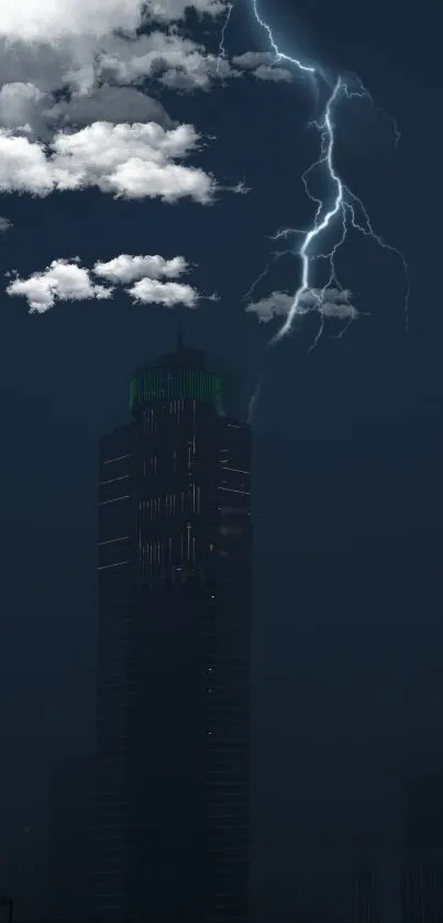 Lightning illuminates a city skyline at night under cloudy skies.