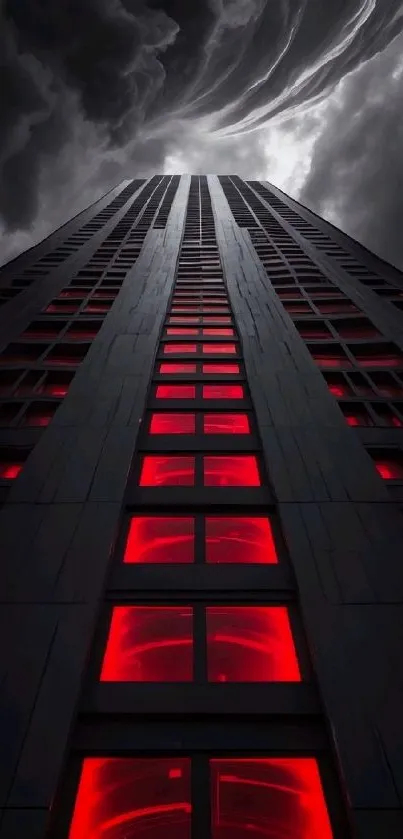 Skyscraper under dark stormy clouds with red windows.