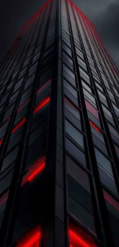 Tall skyscraper with red illuminated windows against a dark sky.
