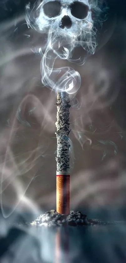 Cigarette with smoke forming a skull in dark atmosphere.