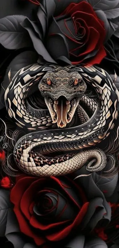 Dramatic snake and rose wallpaper with dark and vivid elements.