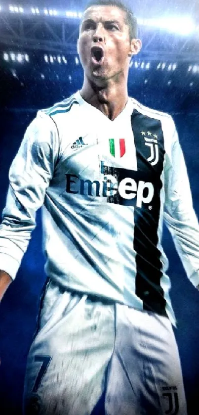 Soccer player in Juventus kit with a dramatic pose.