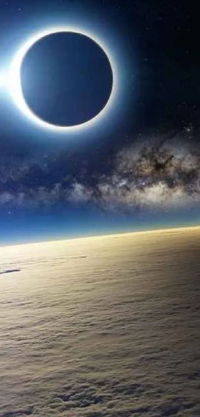 Dramatic solar eclipse over clouds and galaxy, perfect for mobile wallpaper.