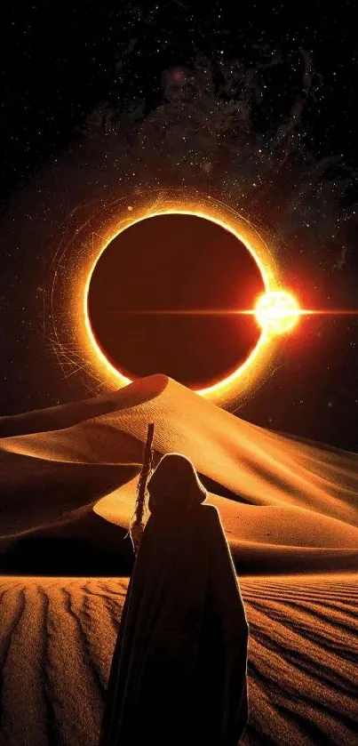 Silhouetted figure in desert during solar eclipse.