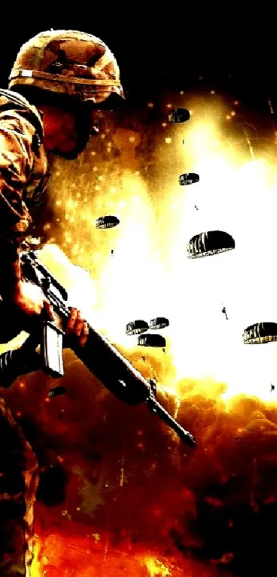 Fiery action scene with soldier and explosions in intense battle setting.