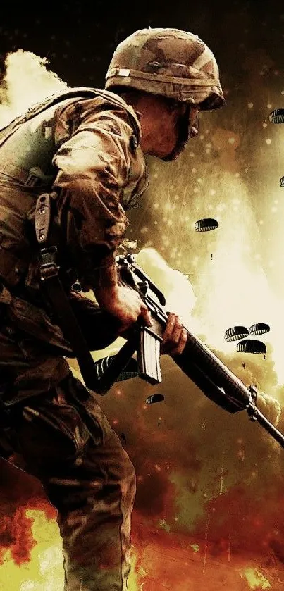 Dramatic scene of soldier with parachutes and intense background.
