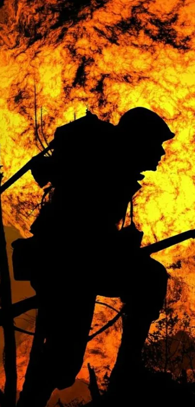 Silhouette of a soldier against a fiery explosion background.