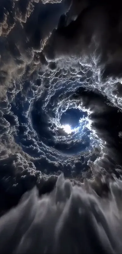 Dramatic spiral vortex in cloudy sky.
