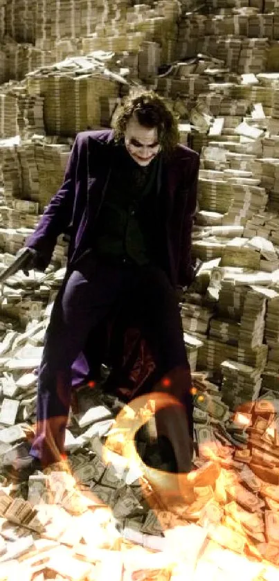 Character in dark clothing amidst money stacks.