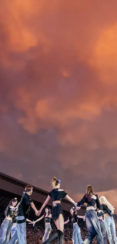 Sunset sky over stadium with performers on stage.